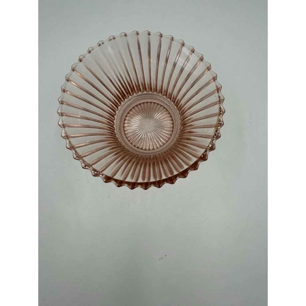 Pink Pressed Glass Ribbed Round Bowl Scalloped Rim 6 in Diameter